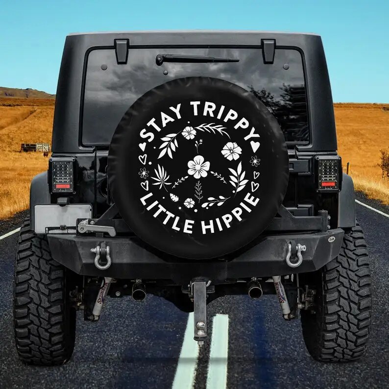 Stay Trippy Little Hippie Floral Peace Sign Spare Tire Cover For Car