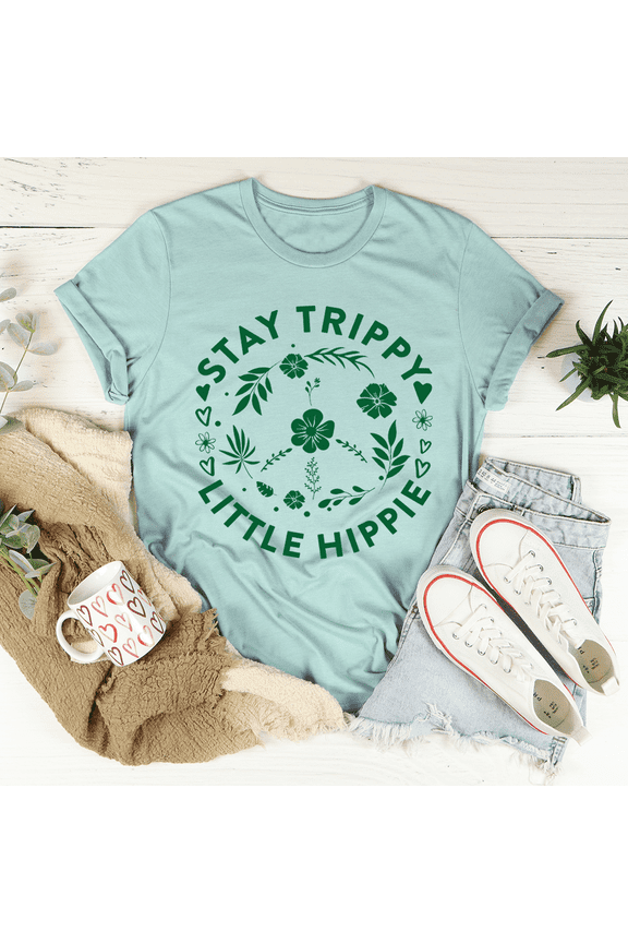 Stay Trippy Little Hippie Floral Peace Sign Tee Heather Prism Dusty Blue S Peachy Sunday T