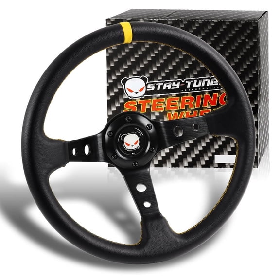 Stay Tuned Performance 350MM Deep Dish Drift Racing Black / Yellow PVC Leather 6 Hole Steering Wheel