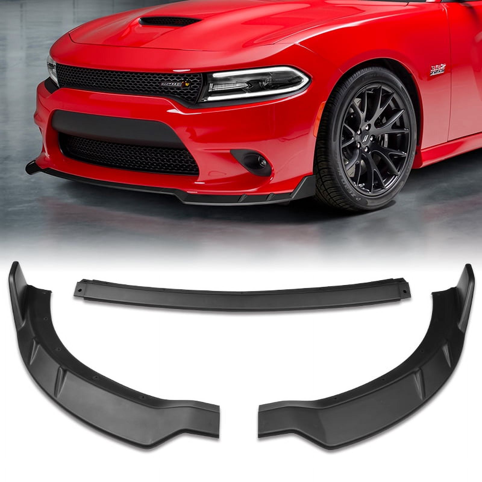 Matt Black RA-Style Front Bumper Lip Spoiler For 2015-2023 Dodge Charger - 3-Piece Kit