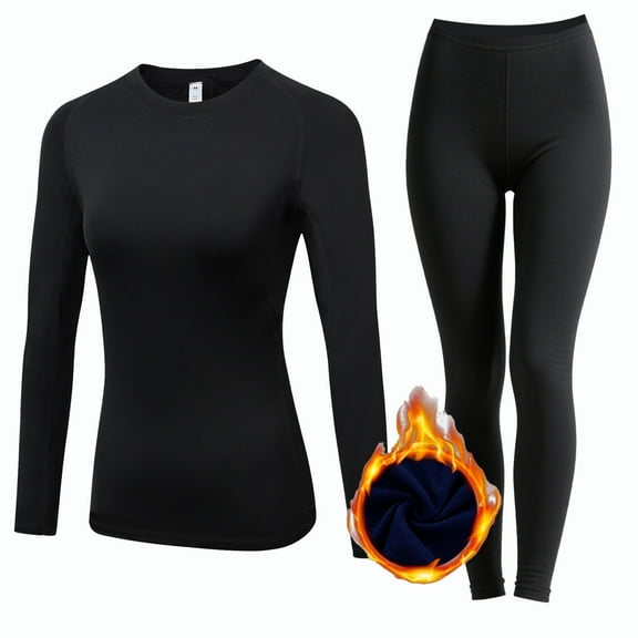  Women Thermal Underwear Set Winter Warm Base Layer Top & Bottom Long Johns with Fleece Lined Black XXL