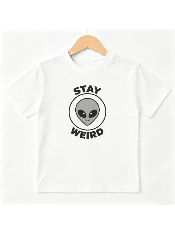 Stay Weird Alien Boys Graphic Print T-Shirt, Cool Sci-Fi Space Aesthetic 100% Cotton Kids Short Sleeve Tee