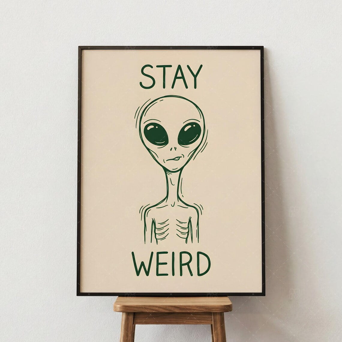 Stay Weird Alien Wall Art Print, Green Beige Minimalist Bedroom Decor ...