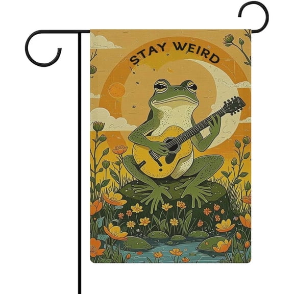 Stay Weird Funny Frog Playing Guitar Garden Flag 12 x 18 Inch Double Sided Burlap Outdoor Welcome Yard Decoration