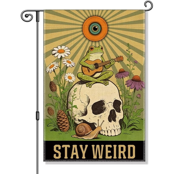 Stay Weird Funny Garden Flag with Boho Skull Frog, Inclusion Human Rights Yard Banner for Patio Lawn Spring Summer Outdoor Decor