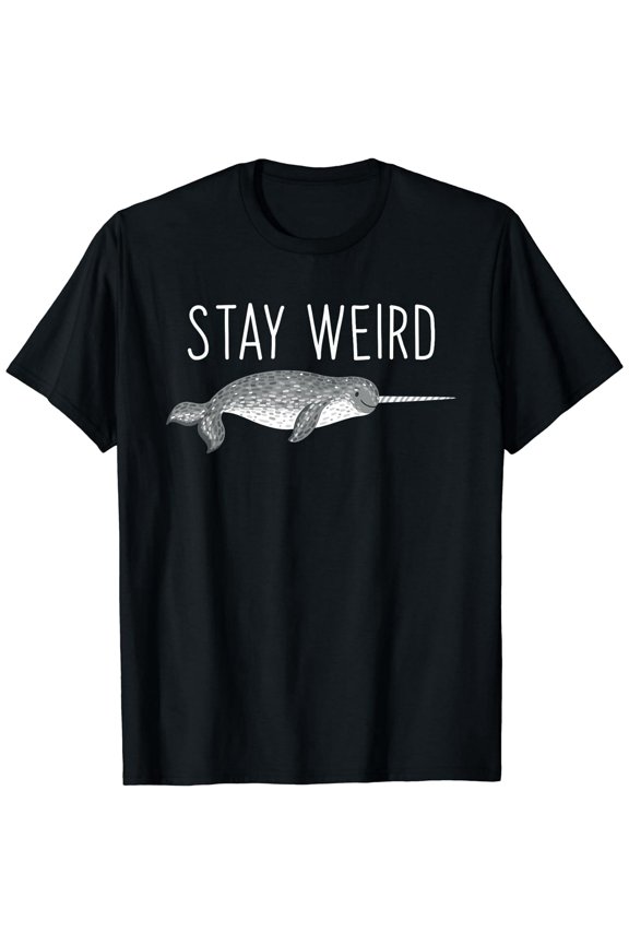 Stay Weird Funny Narwhal Black T-Shirt Short Sleeves For Men Women