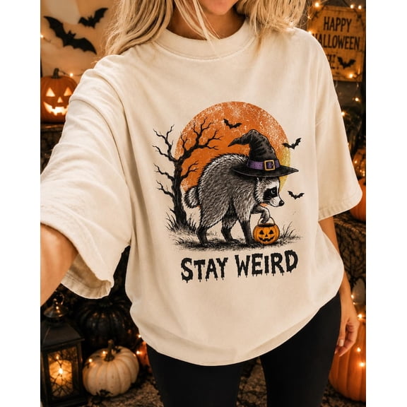 Stay Weird Jimothy Raccoon Halloween Shirt, Viral Raccoon Meme Tee, Witch Raccoon Graphic, Spooky Pumpkin Fall Shirt