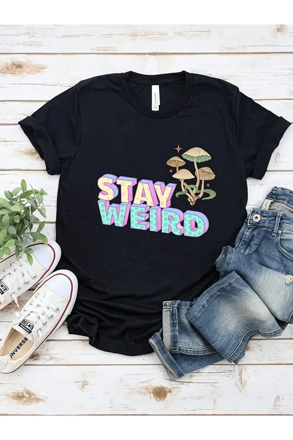 Stay Weird Mushroom Graphic T-Shirt Retro 3D Lettering Short Sleeve Cotton Tee for Adults