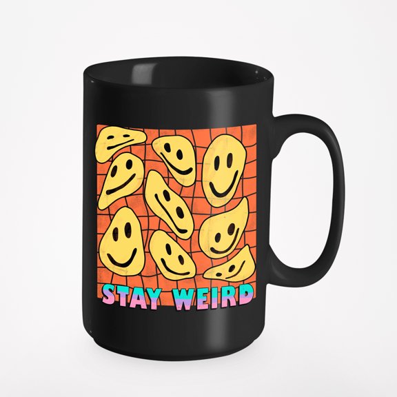 Stay Weird, Retro Wavy Smiling Faces Art Merch Gift, Black 15oz Ceramic Mug