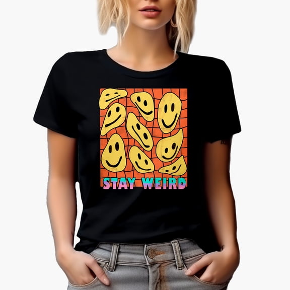Stay Weird, Retro Wavy Smiling Faces Art Merch Gift, Black T-Shirt, Small