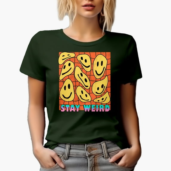 Stay Weird, Retro Wavy Smiling Faces Art Merch Gift, Military Green T-Shirt, 3XL