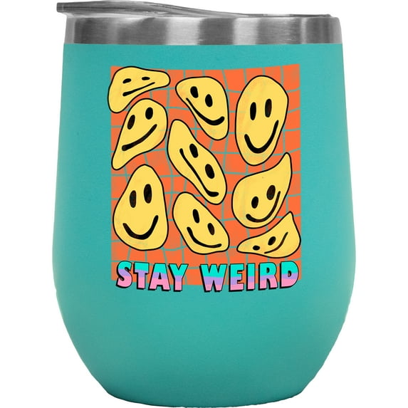 Stay Weird, Retro Wavy Smiling Faces Art Merch Gift, Mint 12oz Wine Tumbler