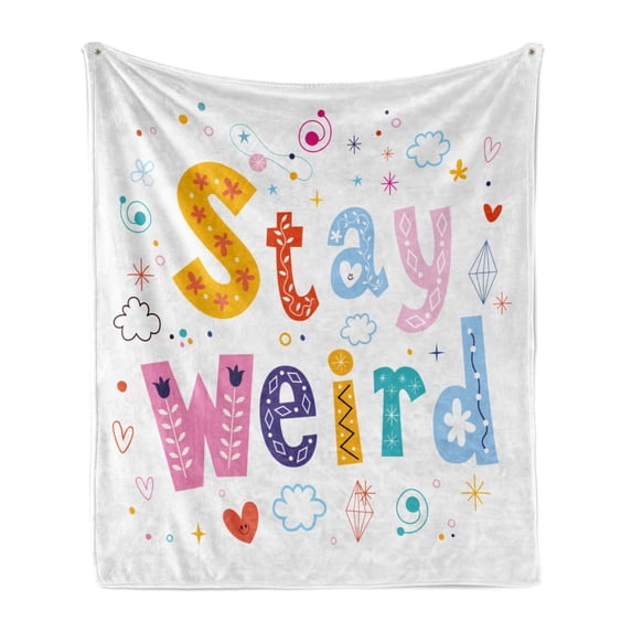 Stay Weird Soft Flannel Fleece Throw Blanket, Colorful Funky Calligraphy with Ornaments Stars Clouds and Heart, Cozy Plush for Indoor and Outdoor Use, 50" x 60", Multicolor, by Ambesonne
