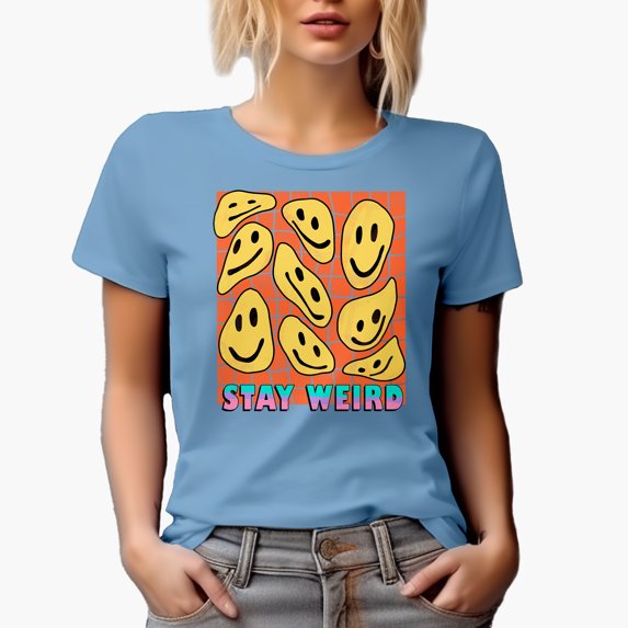 Stay Weird with Retro Wavy Smiling Faces Art Merch Gift, Baby Blue T-Shirt, 2XL