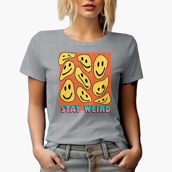 Stay Weird with Retro Wavy Smiling Faces Art Merch Gift, Heather Grey T-Shirt, 2XL