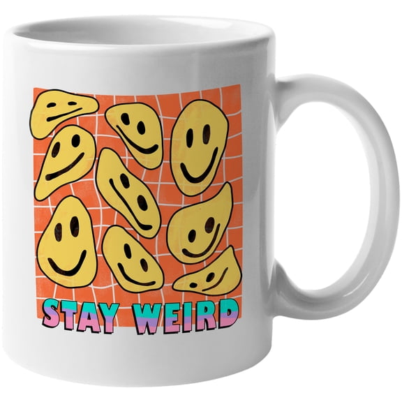 Stay Weird with Retro Wavy Smiling Faces Art Merch Gift, White 11oz Ceramic Mug