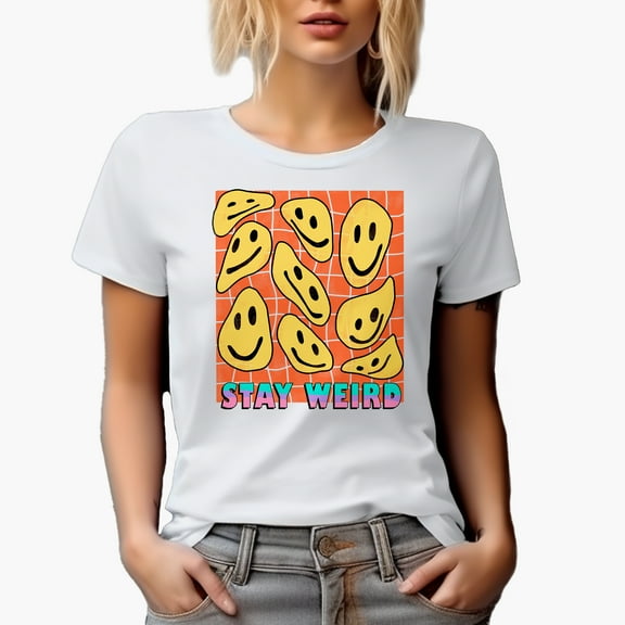Stay Weird with Retro Wavy Smiling Faces Art Merch Gift, White T-Shirt, Small