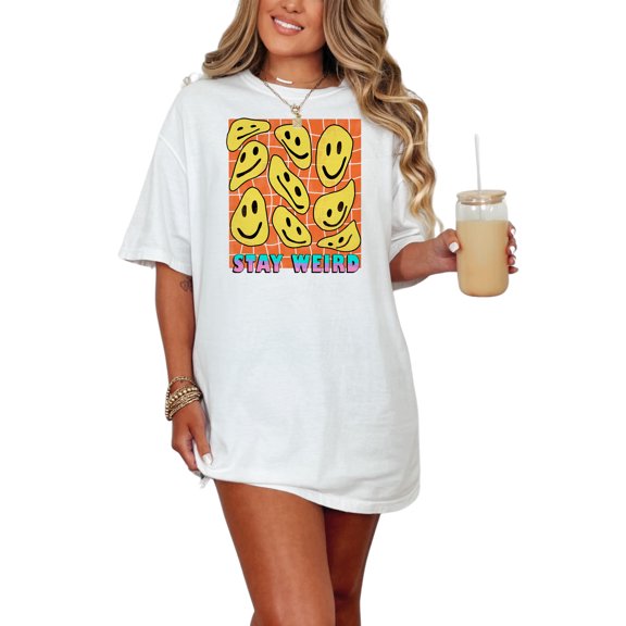 Stay Weird with Retro Wavy Smiling Faces Art, White Comfort Colors T-Shirt, XL