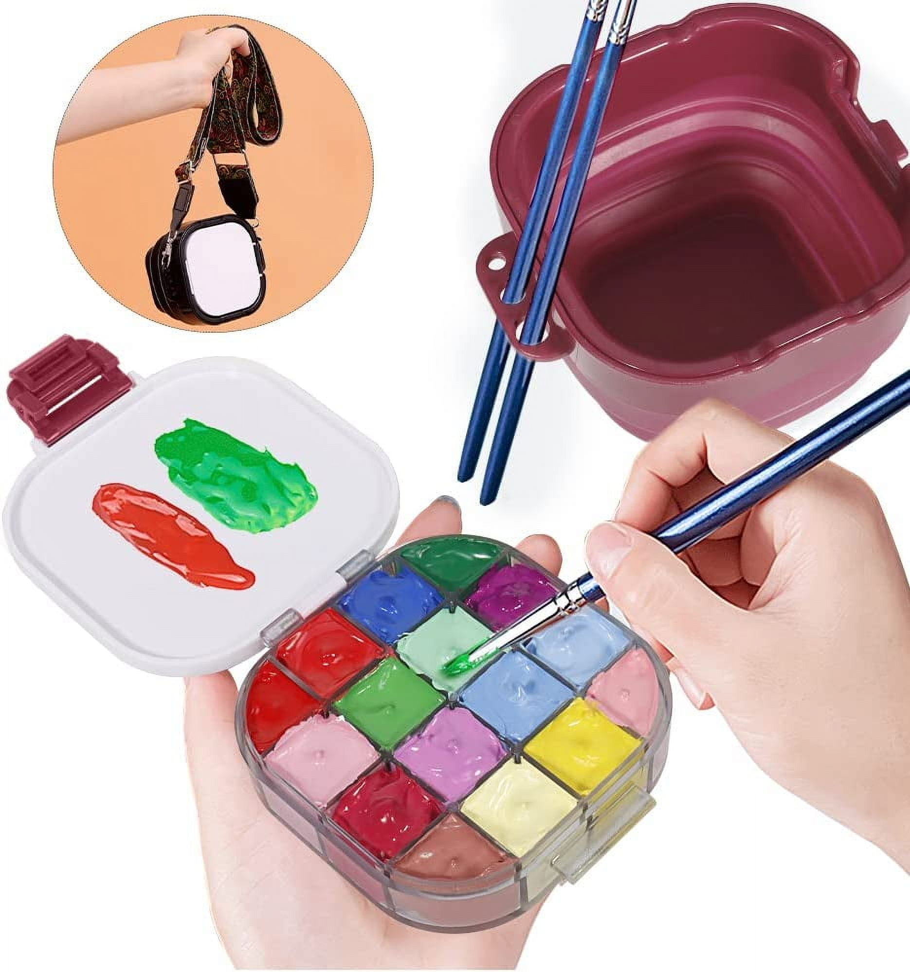 Stay Wet Gouache Palette Airtight Paint Storage Box, Palette Box with Paint Brush Basin and Strap, 16-Well Airtight Palette for Gouache Acrylic Painting Watercolor Kids (Red)