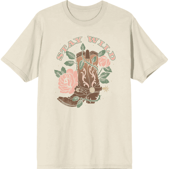 Stay Wild Cowboy Boot and Roses Adult Short Sleeve Tee-Large-Off-White