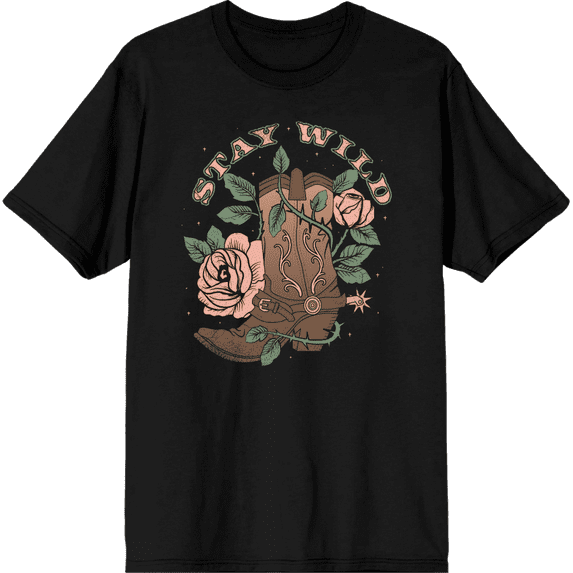 Stay Wild Cowboy Boot and Roses Adult Short Sleeve Tee-Medium-Black