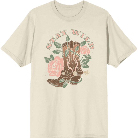 Stay Wild Cowboy Boot and Roses Adult Short Sleeve Tee-Medium-Off-White