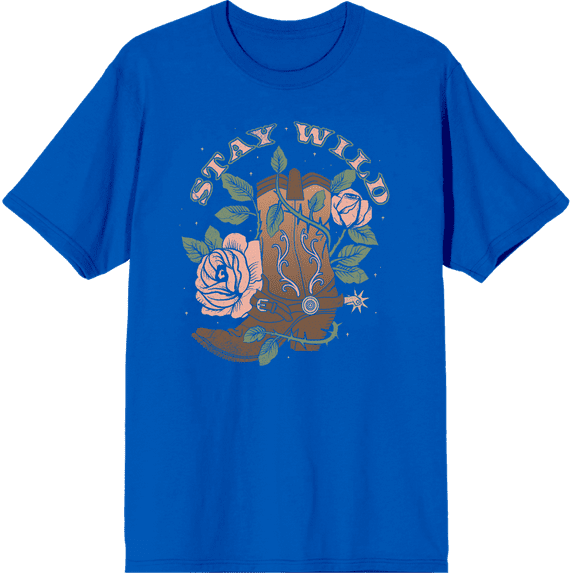 Stay Wild Cowboy Boot and Roses Adult Short Sleeve Tee-XL-Blue