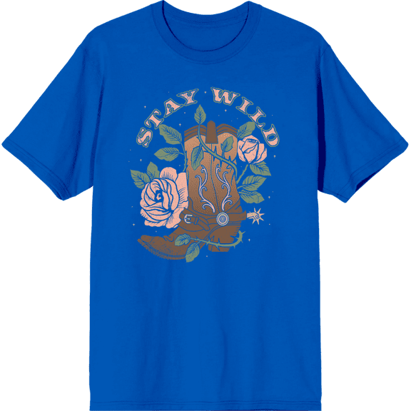Stay Wild Cowboy Boot and Roses Adult Short Sleeve Tee-XL-Blue