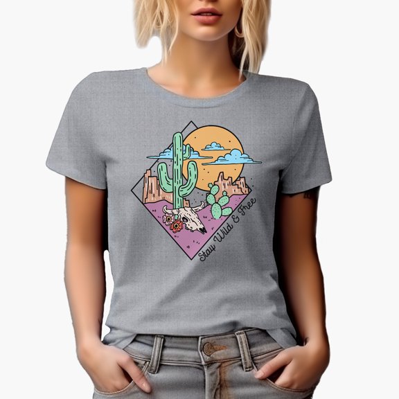 Stay Wild & Free, Retro Western Desert Art Merch Gift, Heather Grey T-Shirt, XL