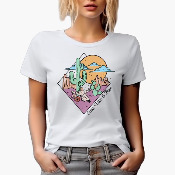 Stay Wild & Free, Retro Western Desert Art Merch Gift, White T-Shirt, Small