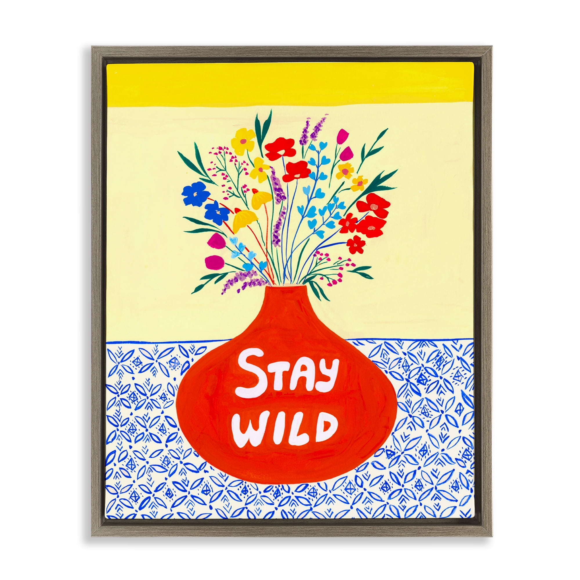 Stay Wild Midcentury Flowers Brown Framed Floater Canvas Wall Art, design by Nabeela Rumi