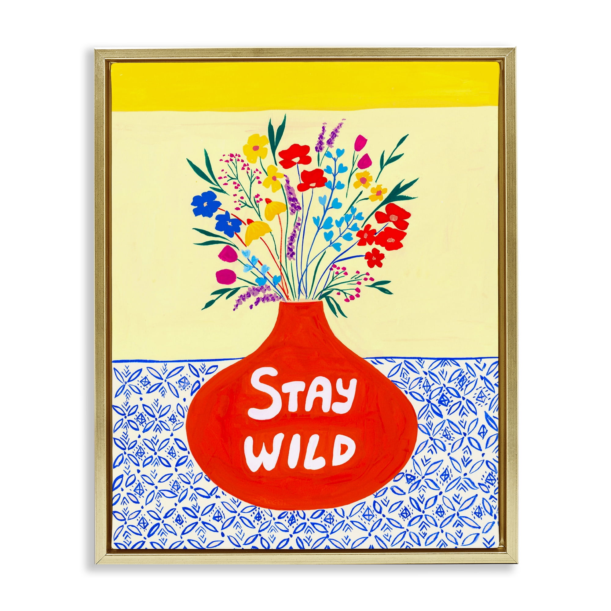 Stay Wild Midcentury Flowers Gold Framed Floater Canvas Wall Art, design by Nabeela Rumi