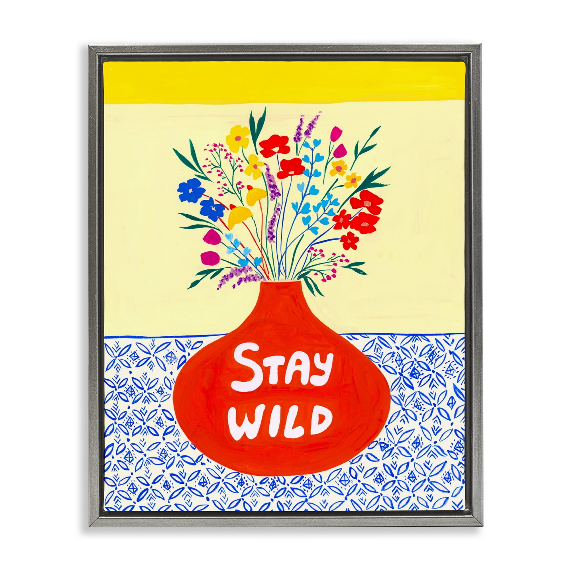 Stay Wild Midcentury Flowers Gray Framed Floater Canvas Wall Art, design by Nabeela Rumi