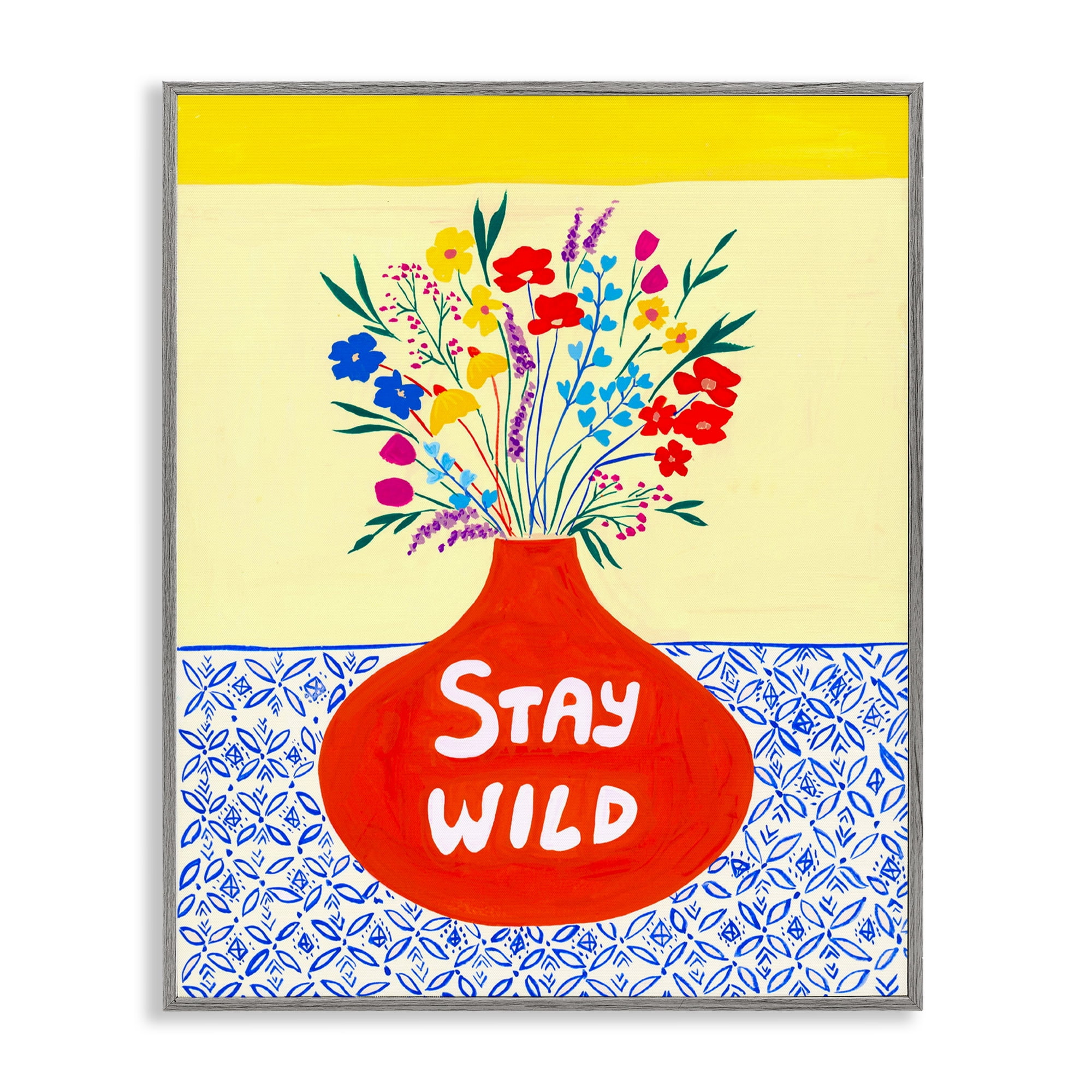 Stay Wild Midcentury Flowers Gray Framed Giclee Art, design by Nabeela Rumi