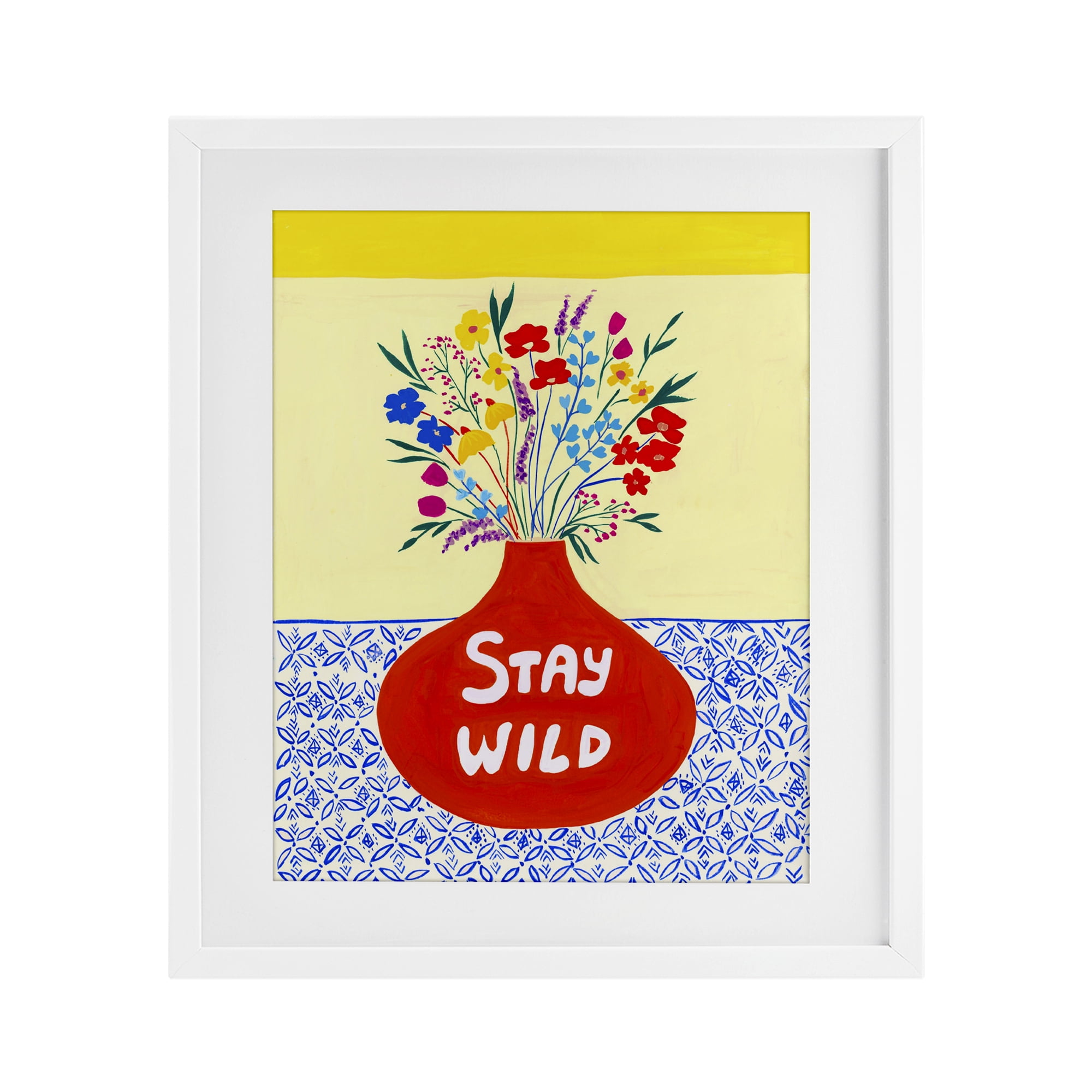 Stay Wild Midcentury Flowers White Framed Print Under Glass, design by Nabeela Rumi