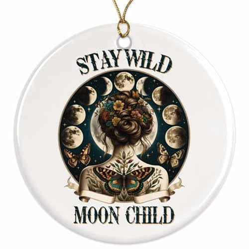 Stay Wild Moon Child Christmas Ornament - Mystical Magical Magnet - Divine Feminine - 2.8" Round Ornament - Gold String Included - UV Printed Design - Glossy Ceramic - BMCO0939