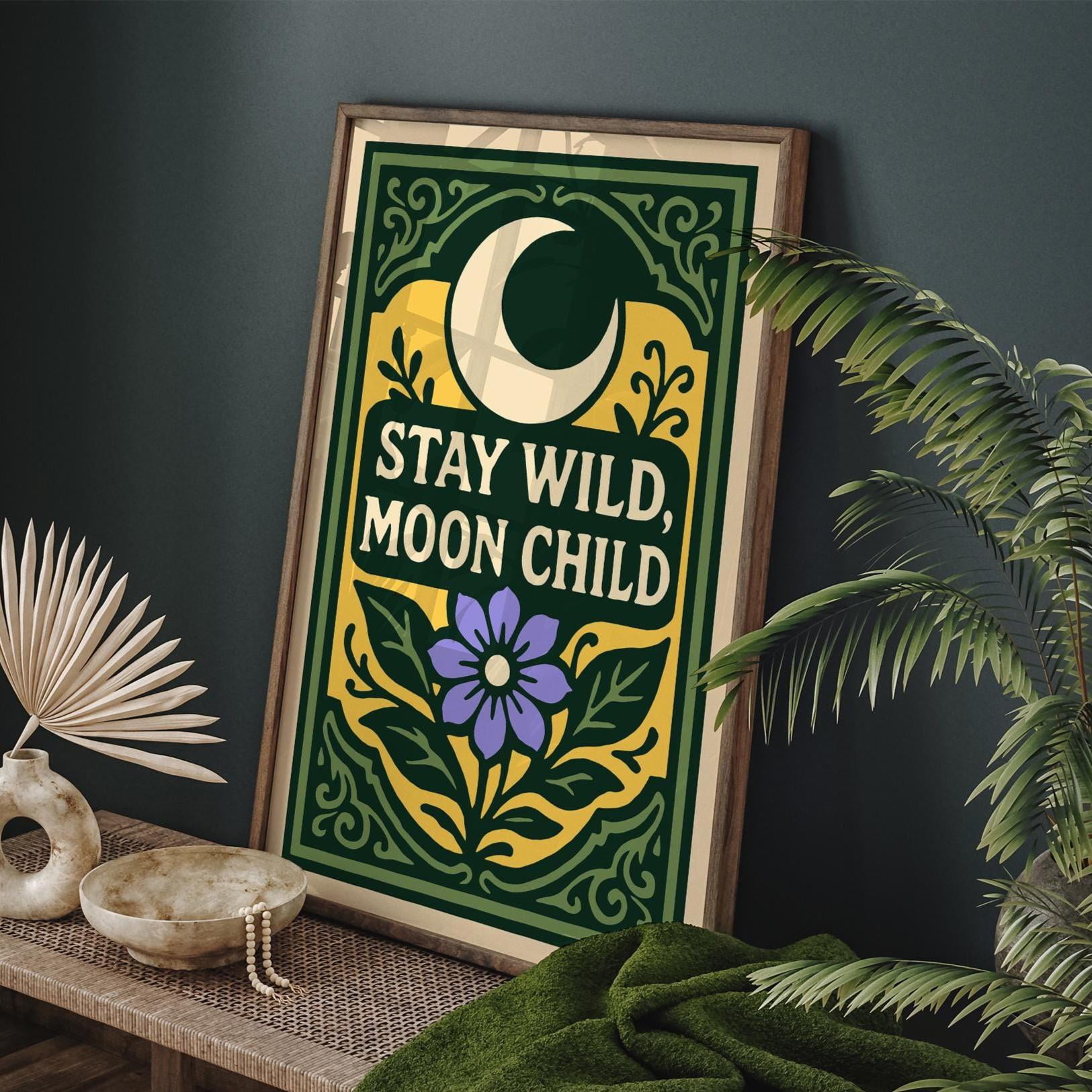 TNND Póster de yoga con texto en inglés Stay Wild Moon Child Satin Vintage Hippie Yoga Poster No Decor Metal Sign Poster 20,3 x 30,5 cm