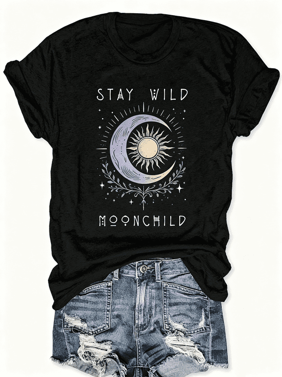 Stay Wild Moonchild Sun Moon Floral Witchy Boho Vintage Graphic T-Shirt