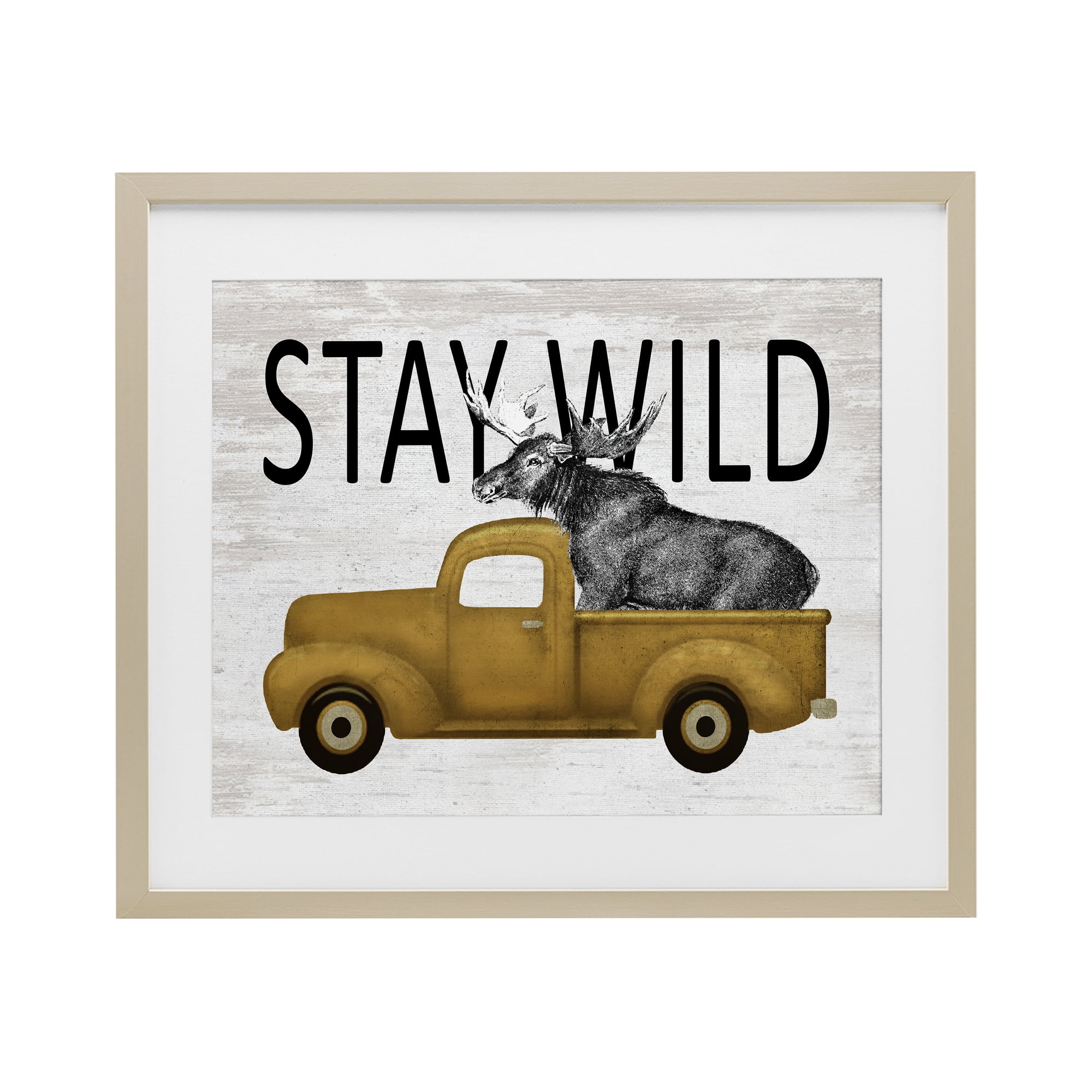 Stay Wild Moose Truck Birch Framed Print Under Glass, design by Lettered and Lined