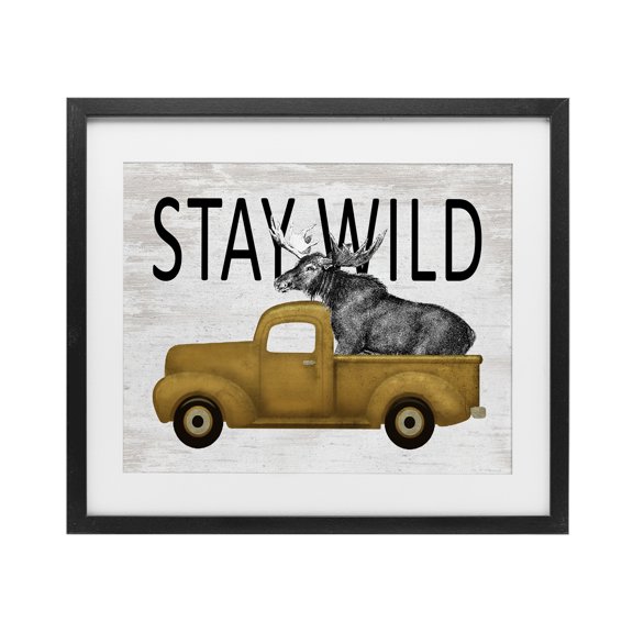 Stay Wild Moose Truck Black Framed Print Under Glass, design by Lettered and Lined