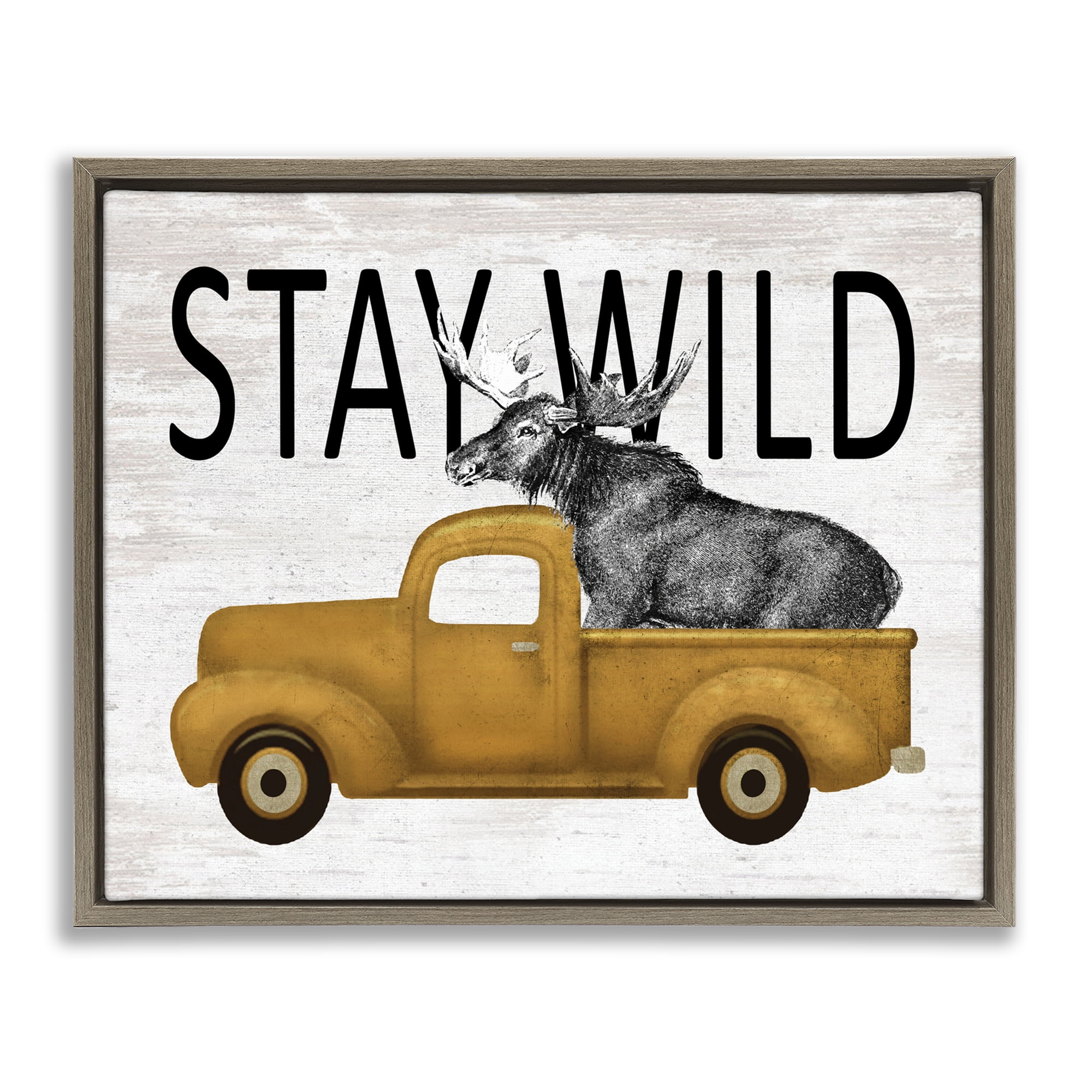 Stay Wild Moose Truck Brown Framed Floater Canvas Wall Art, design by Lettered and Lined
