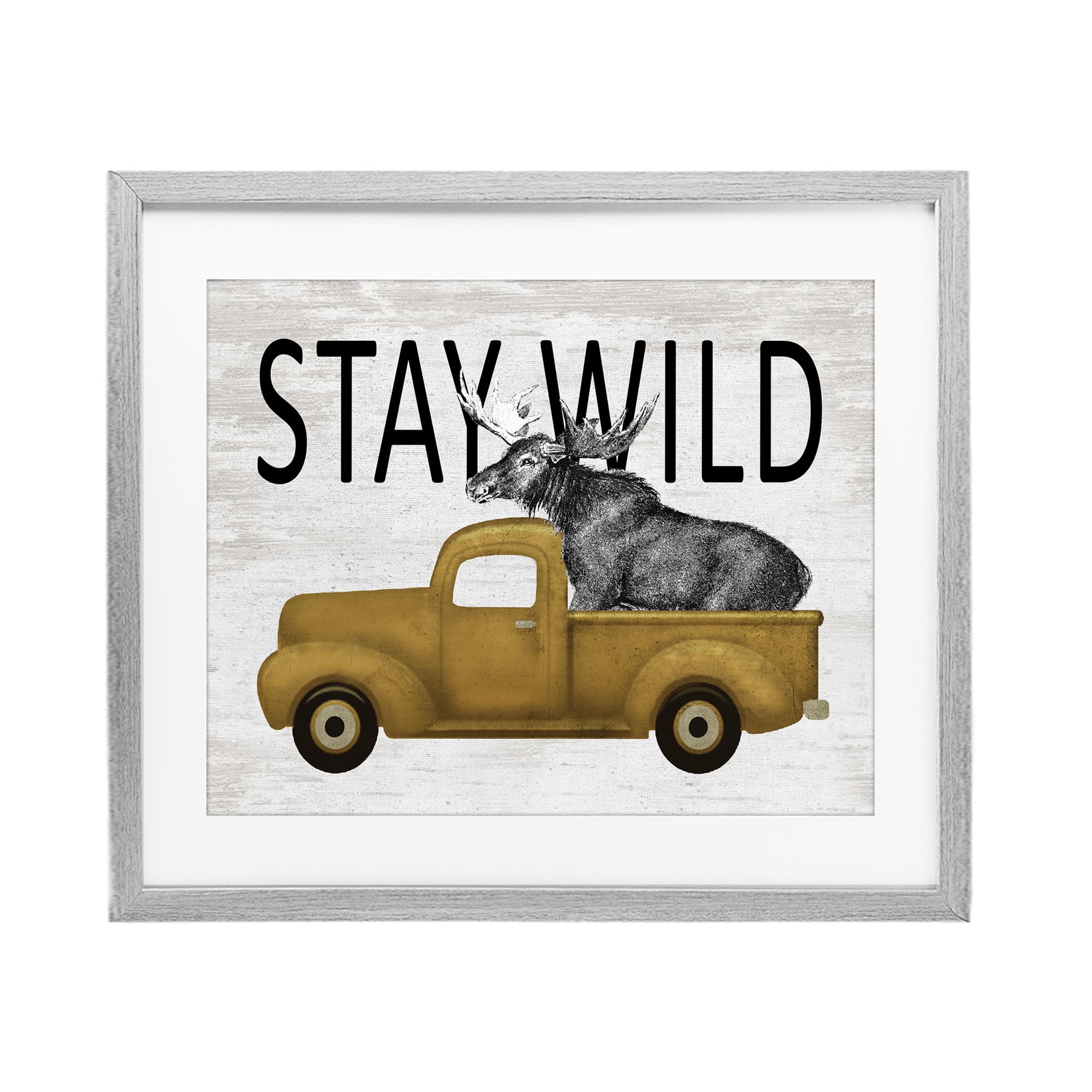 Stay Wild Moose Truck Gray Framed Print Under Glass, design by Lettered and Lined