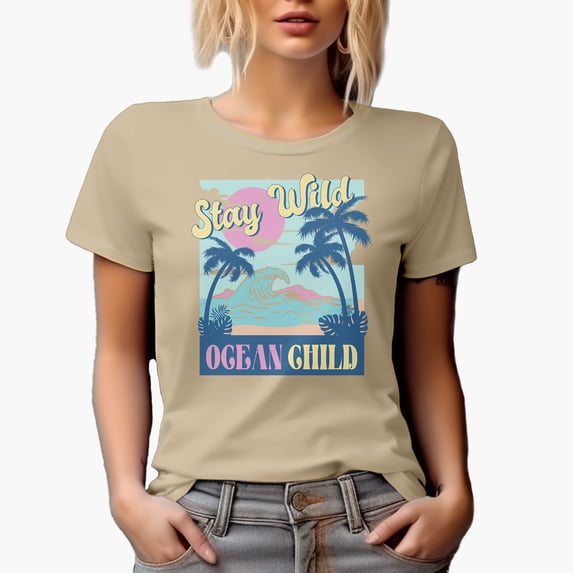 Stay Wild, Ocean Child with Retro Palm Trees & Sea Art Merch Gift, Tan T-Shirt, 3XL