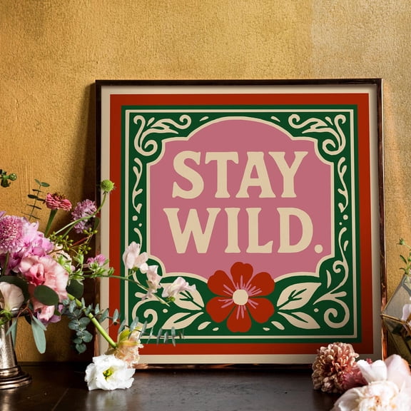 Stay Wild Square Art Cute Pink Red Green Retro Aesthetic, Unframed Paper Poster 11x14in