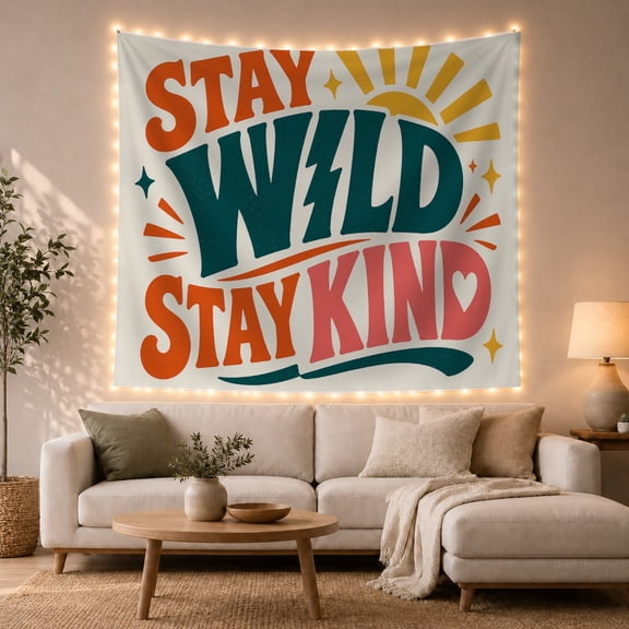 Stay Wild Stay Kind Lightning Bolt and Sun Motif on White, Nostalgic Retro for Boho Decor Lovers, Pop Art Typography Wall Art, Housewarming Gift, Tapestry Wall Hanging for Dorm and Living Room