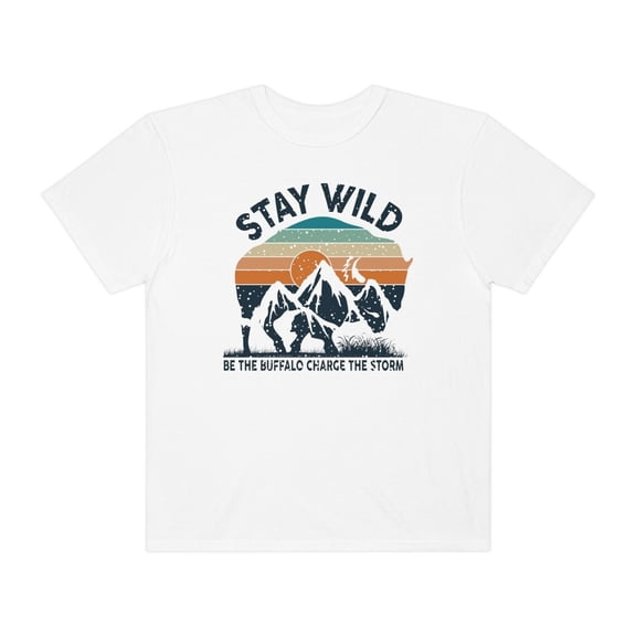 Stay Wild T-Shirt with a Stunning Mountain Landscape and an Iconic Striped Sunset