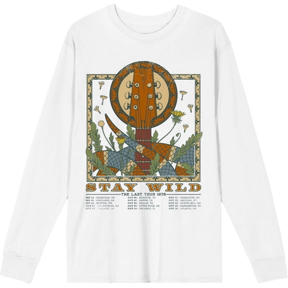 "Stay Wild The Last Tour 1976" Featuring Snake, Guitar, and Dandelion Adult White Crew Neck Long Sleeve Tee-Small