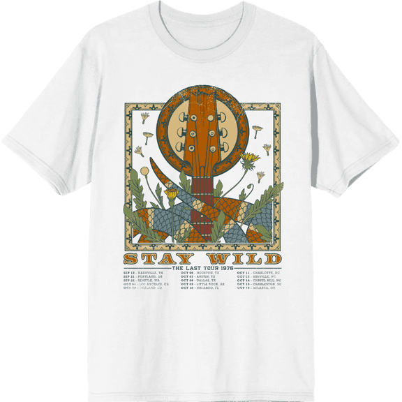 "Stay Wild The Last Tour 1976" Featuring Snake, Guitar, and Dandelion Adult White Crew Neck Short Sleeve Tee-Large