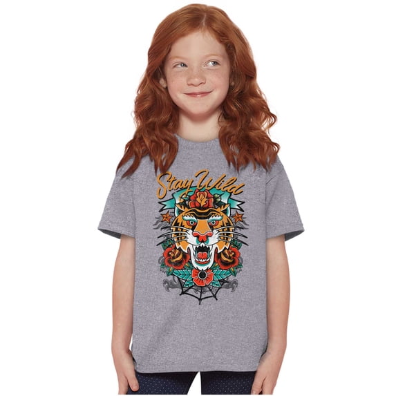 Stay Wild Tiger Head Rose Tattoo Crewneck T Shirts Boy Girl Teen Brisco Brands L