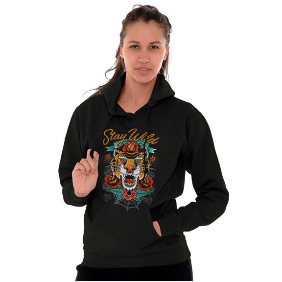 Stay Wild Tiger Head Rose Tattoo Hoodie Sweatshirt Women Men Brisco Brands L